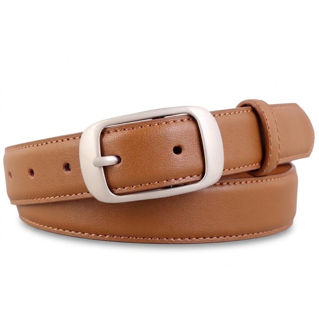 Ceinture femme Cheverny en cuir marron lisse avec boucle ardillon carrée argentée, accessoire élégant pour un style chic et décontracté