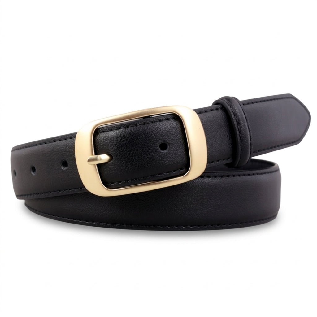 Ceinture femme Cheverny noire en cuir lisse avec boucle ardillon rectangulaire aux angles arrondis finition dorée
