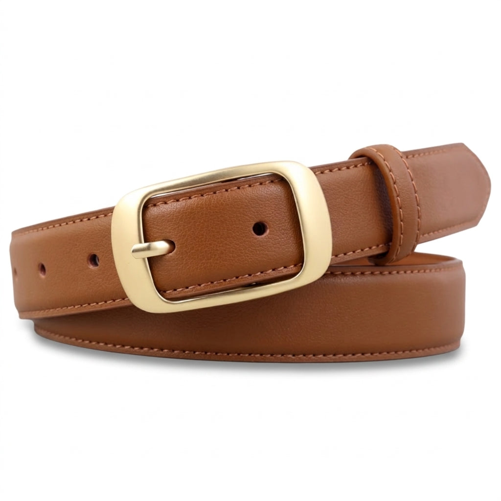 Ceinture femme Cheverny en cuir marron lisse avec boucle ardillon carrée dorée et finitions élégantes