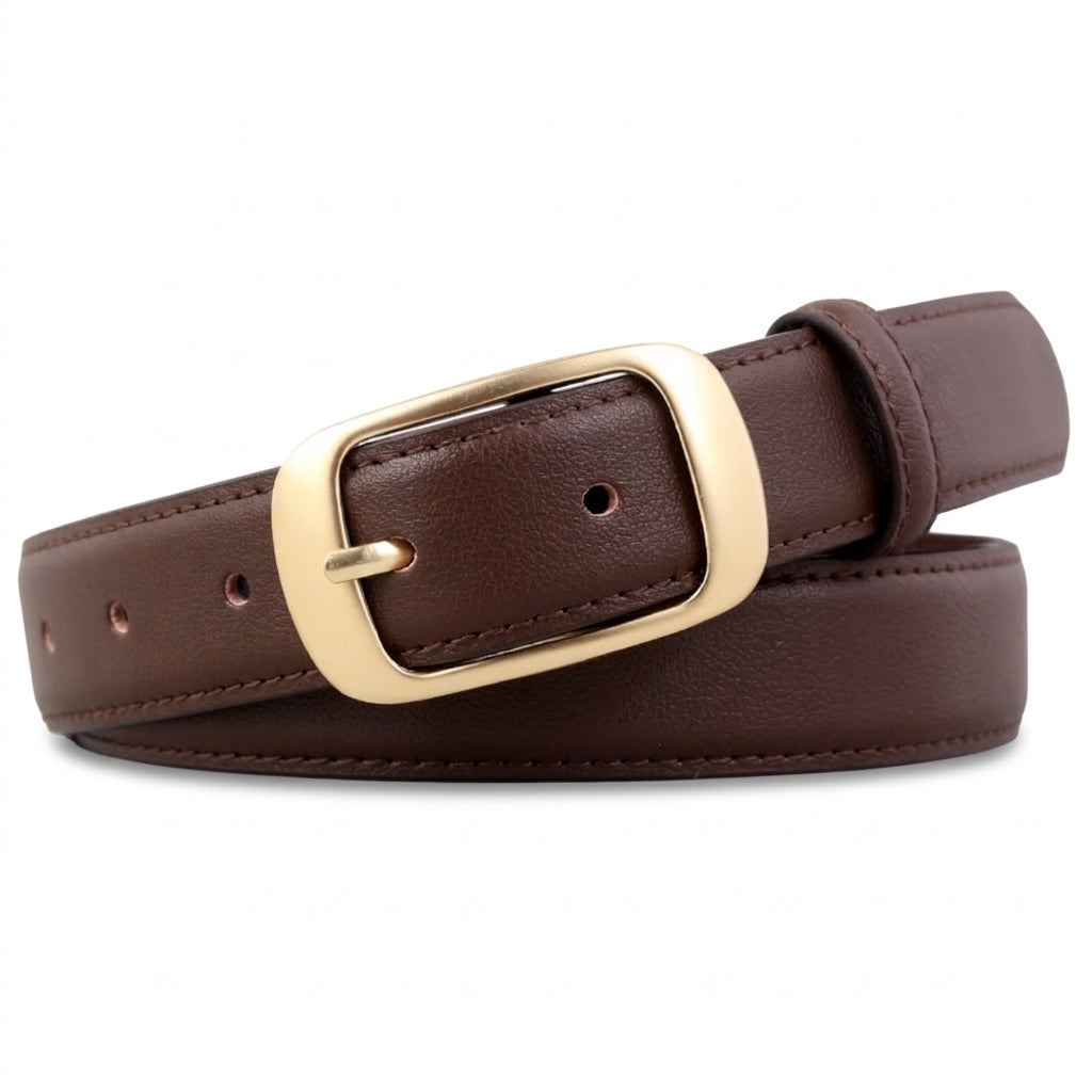 Ceinture femme Cheverny en cuir marron lisse avec boucle ardillon carrée dorée pour un style élégant et intemporel