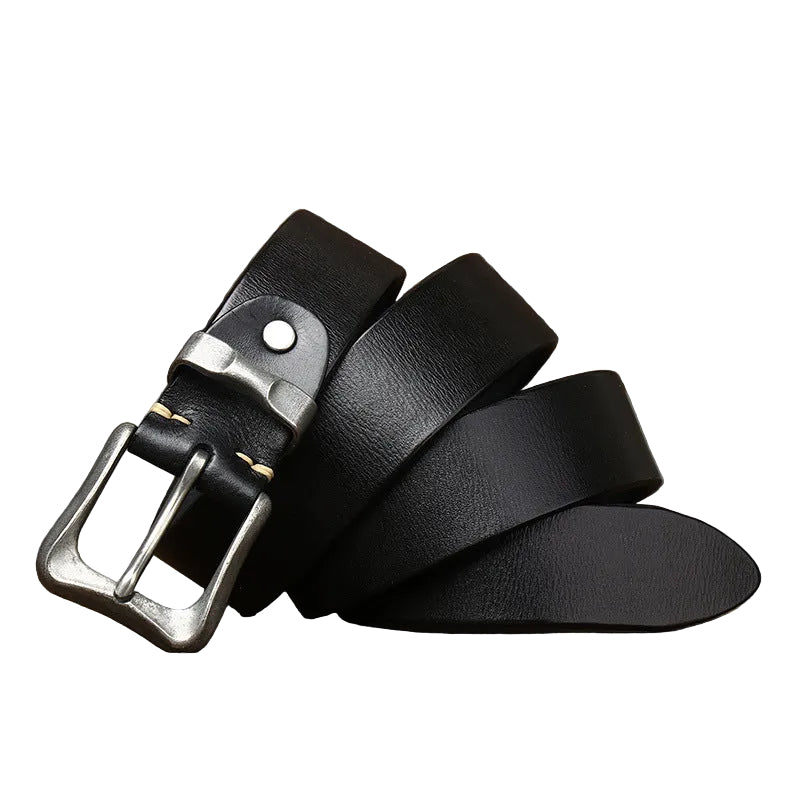 Ceinture pour homme Chinon en cuir pleine fleur noir avec boucle ardillon carrée en acier argenté vieilli et surpiqûres contrastées, style vintage artisanal #fullwidth