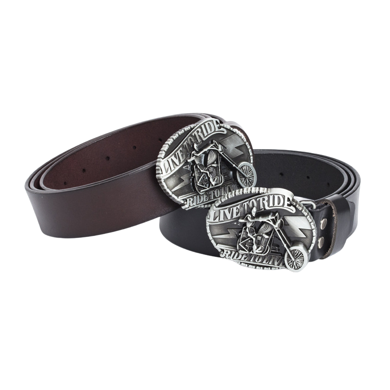 Ceinture homme Clandestin 1 en cuir marron et noir avec boucle ovale argentée ornée d'une tête de mort sur moto et inscription "LIVE TO RIDE, RIDE TO LIVE"