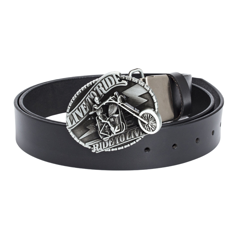 Ceinture homme Clandestin 2 noire avec boucle argentée ovale ornée d'une tête de mort sur moto et de l'inscription "LIVE TO RIDE, RIDE TO LIVE".