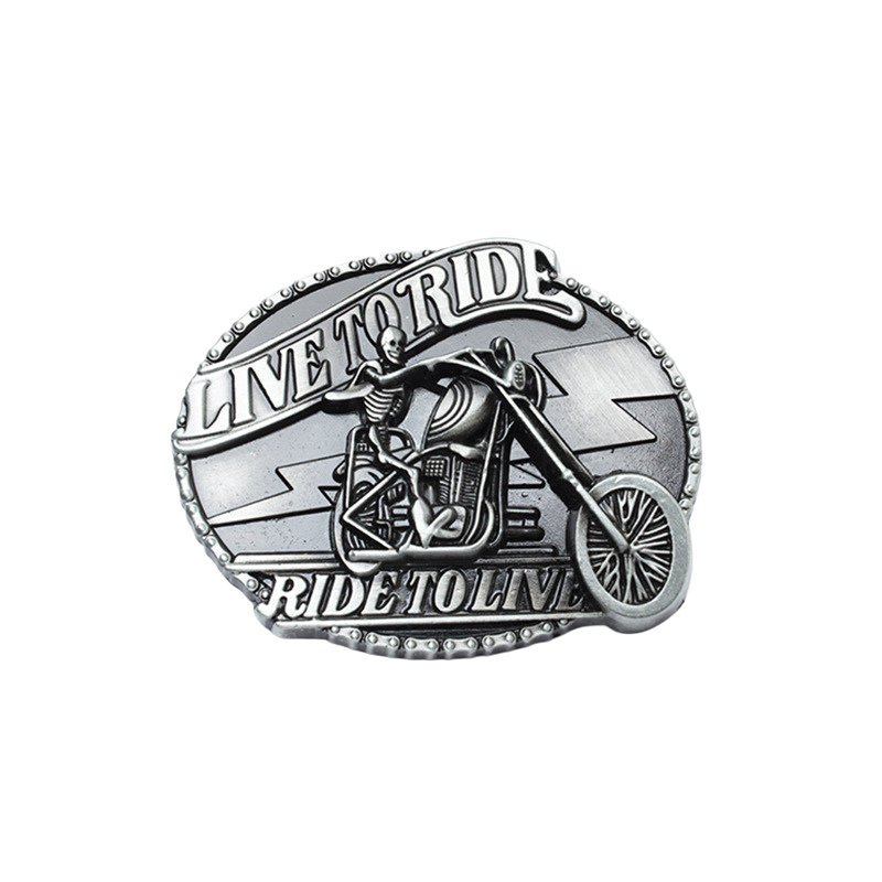 Boucle de ceinture Clandestin 2 pour homme, argentée, avec motif tête de mort sur moto et inscription "LIVE TO RIDE, RIDE TO LIVE".