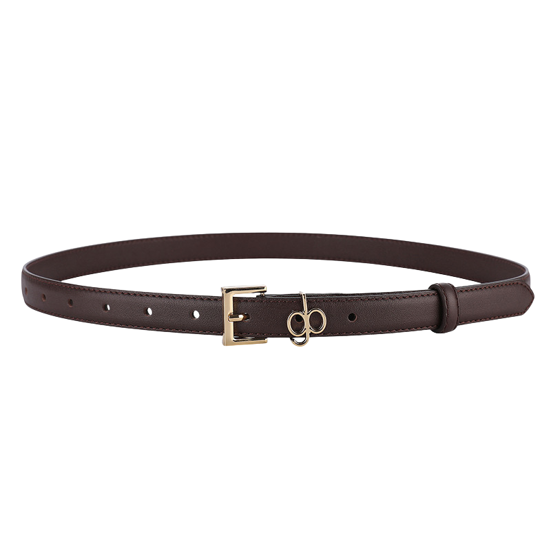 Ceinture fine Clara en cuir marron avec boucle dorée et détail décoratif métallique