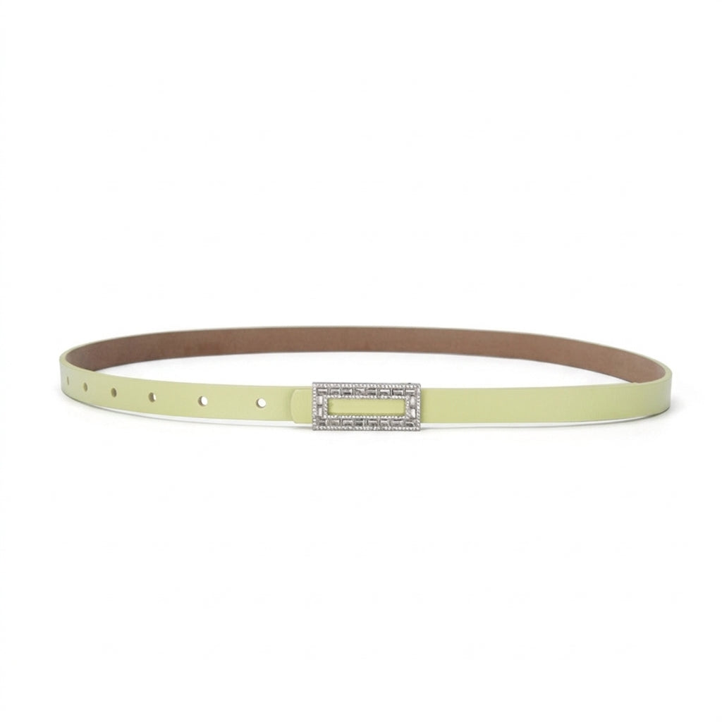Ceinture fine pour femme Clarisse en cuir vert pastel lisse avec boucle ardillon rectangulaire strassée et brillante