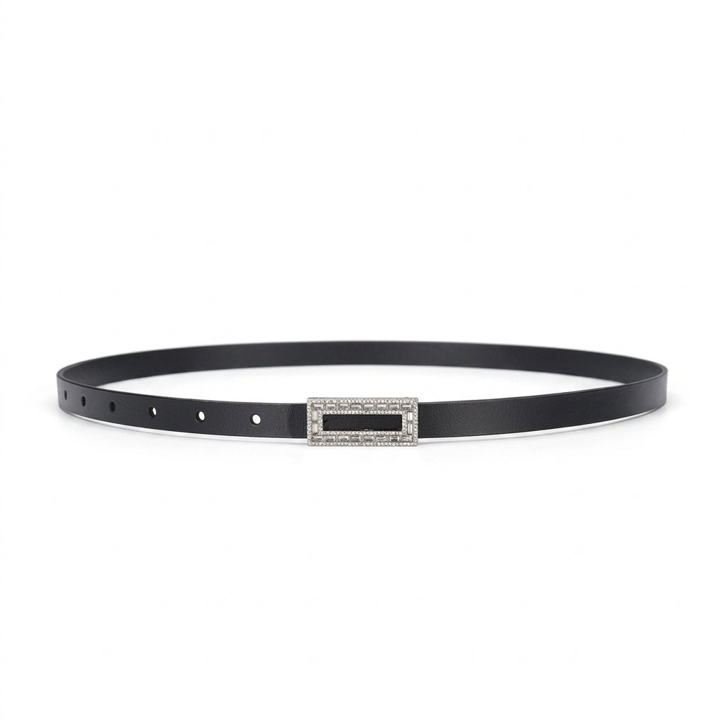 Ceinture fine femme Clarisse en cuir noir lisse avec boucle ardillon rectangulaire métallique élégante
