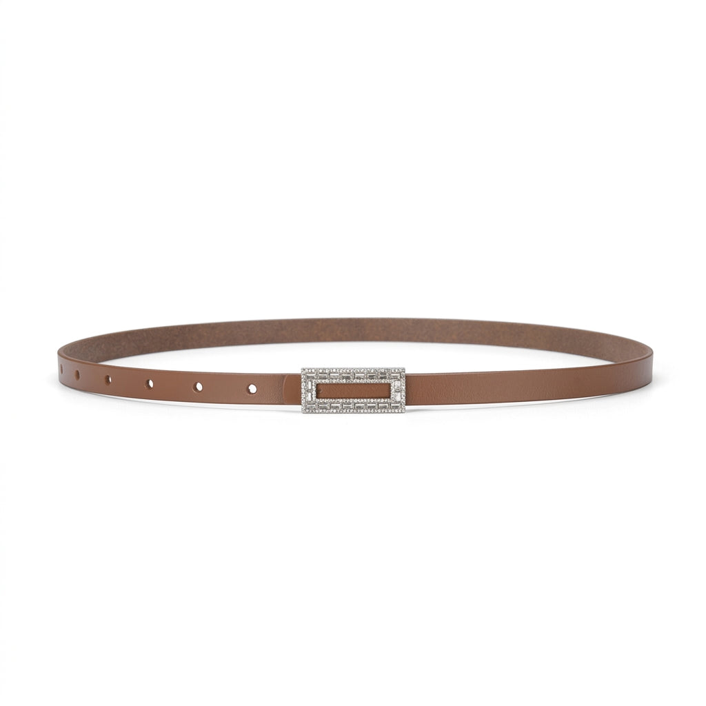 Ceinture fine pour femme Clarisse en cuir de vachette marron lisse avec boucle ardillon rectangulaire ornée de strass scintillants