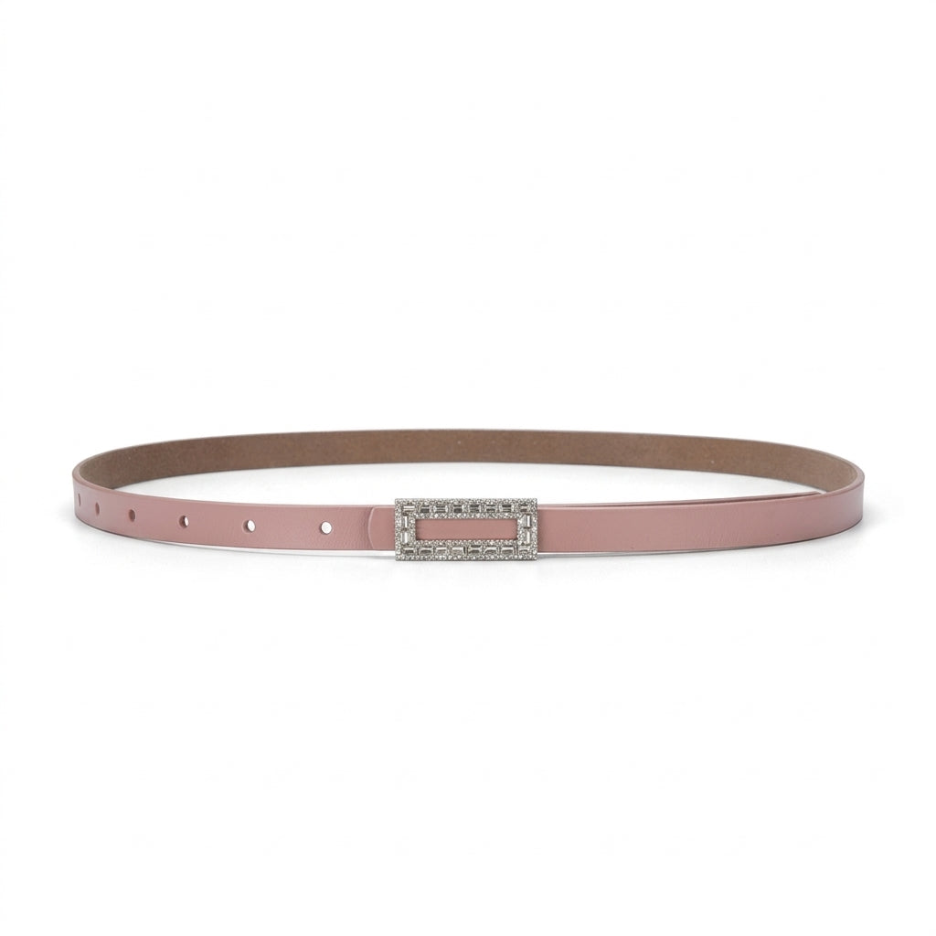 Ceinture fine pour femme Clarisse en cuir lisse rose poudré avec boucle ardillon rectangulaire scintillante et structurée