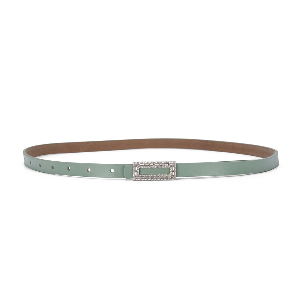 Ceinture fine pour femme Clarisse en cuir vert sauge avec boucle ardillon rectangulaire ornée de strass scintillants, design élégant et épuré