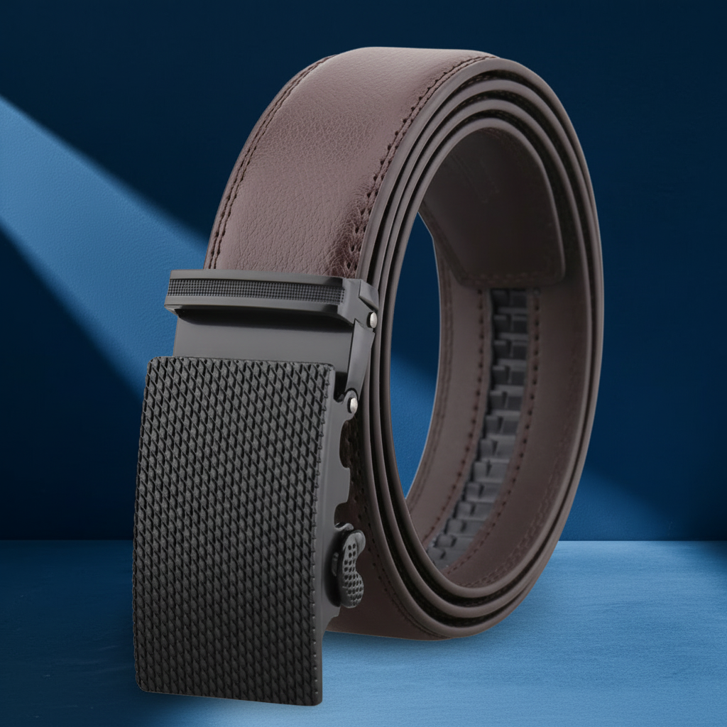 Ceinture homme Cocteau en cuir marron avec boucle automatique noire texturée. #fullwidth