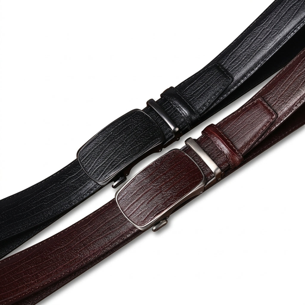 Deux ceintures en cuir pleine fleur Colbert, une noire et une marron, avec boucle automatique rectangulaire et texture grainée, présentées sur fond blanc.