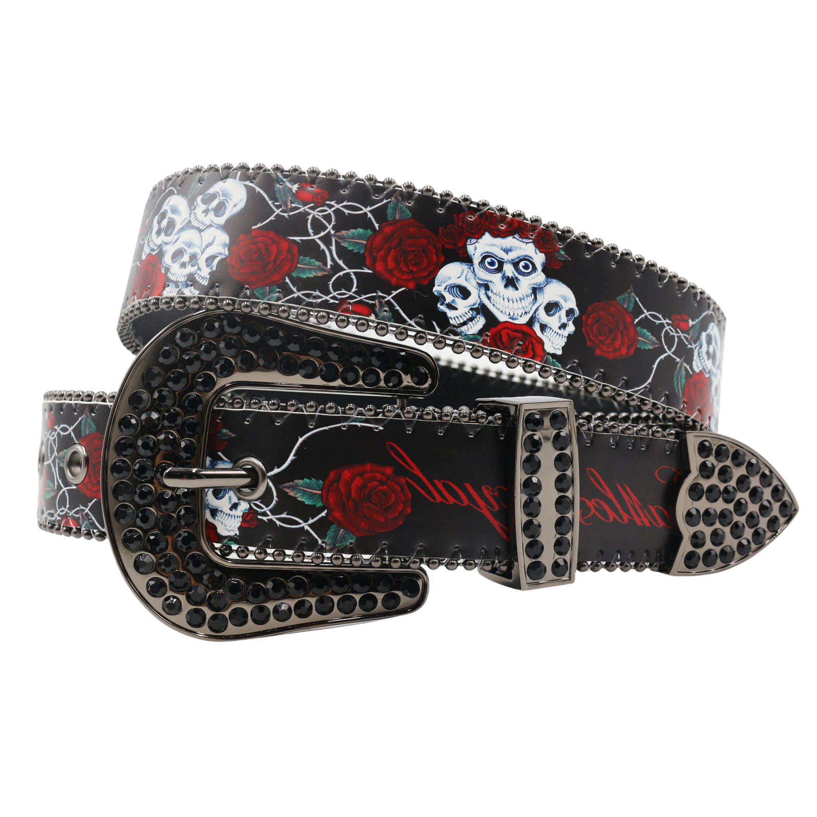 Ceinture pour homme Colette noire avec motifs de crânes, roses rouges et clous, boucle ardillon ornée de strass noirs.