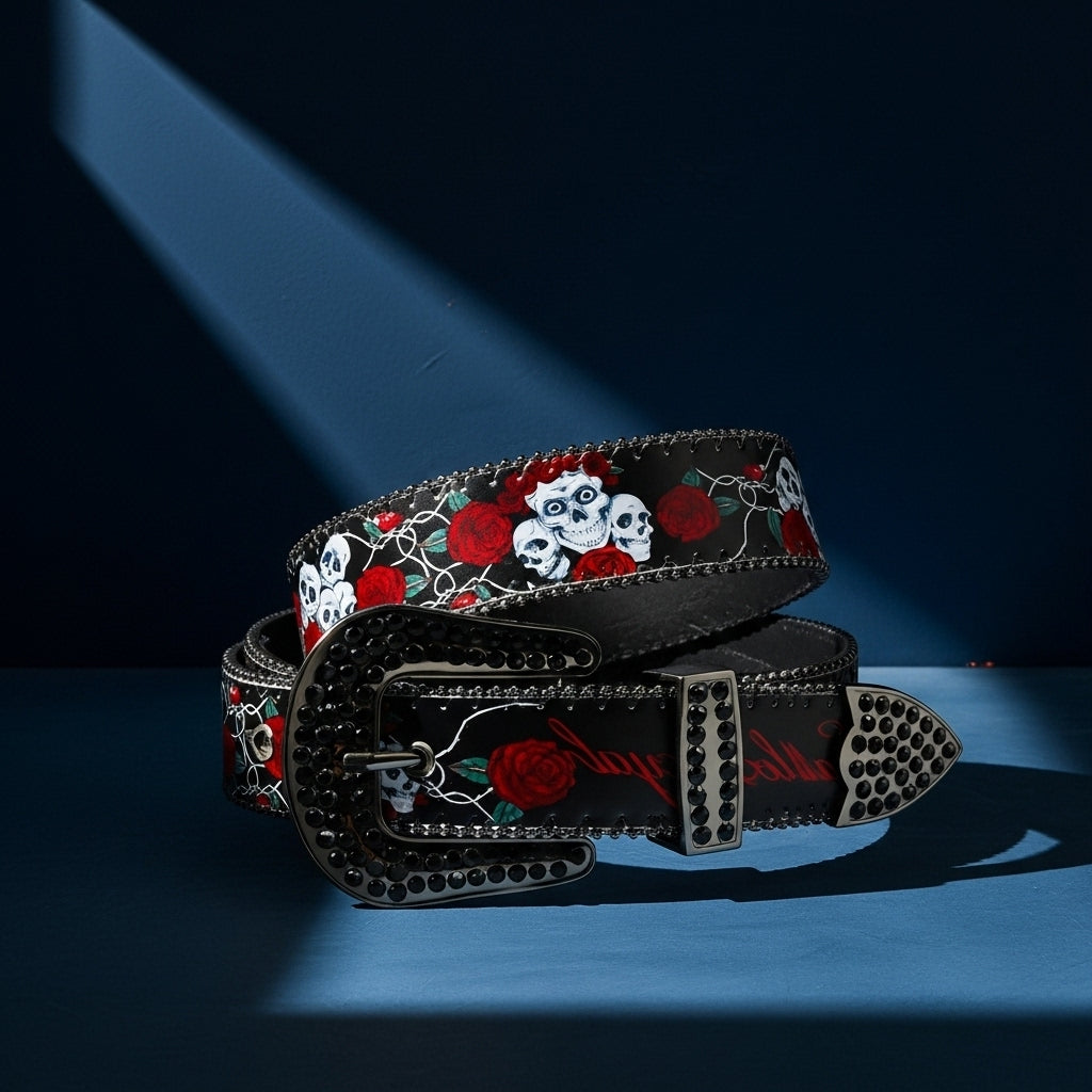 Ceinture Colette pour homme en simili cuir noir ornée de motifs têtes de mort et roses, avec une boucle ardillon cloutée et une lanière large de 4 cm. #fullwidth