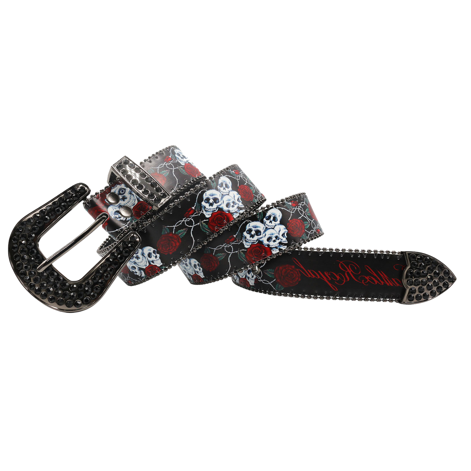 Ceinture pour homme Colette noire ornée de têtes de mort et de roses rouges, boucle ardillon cloutée #fullwidth