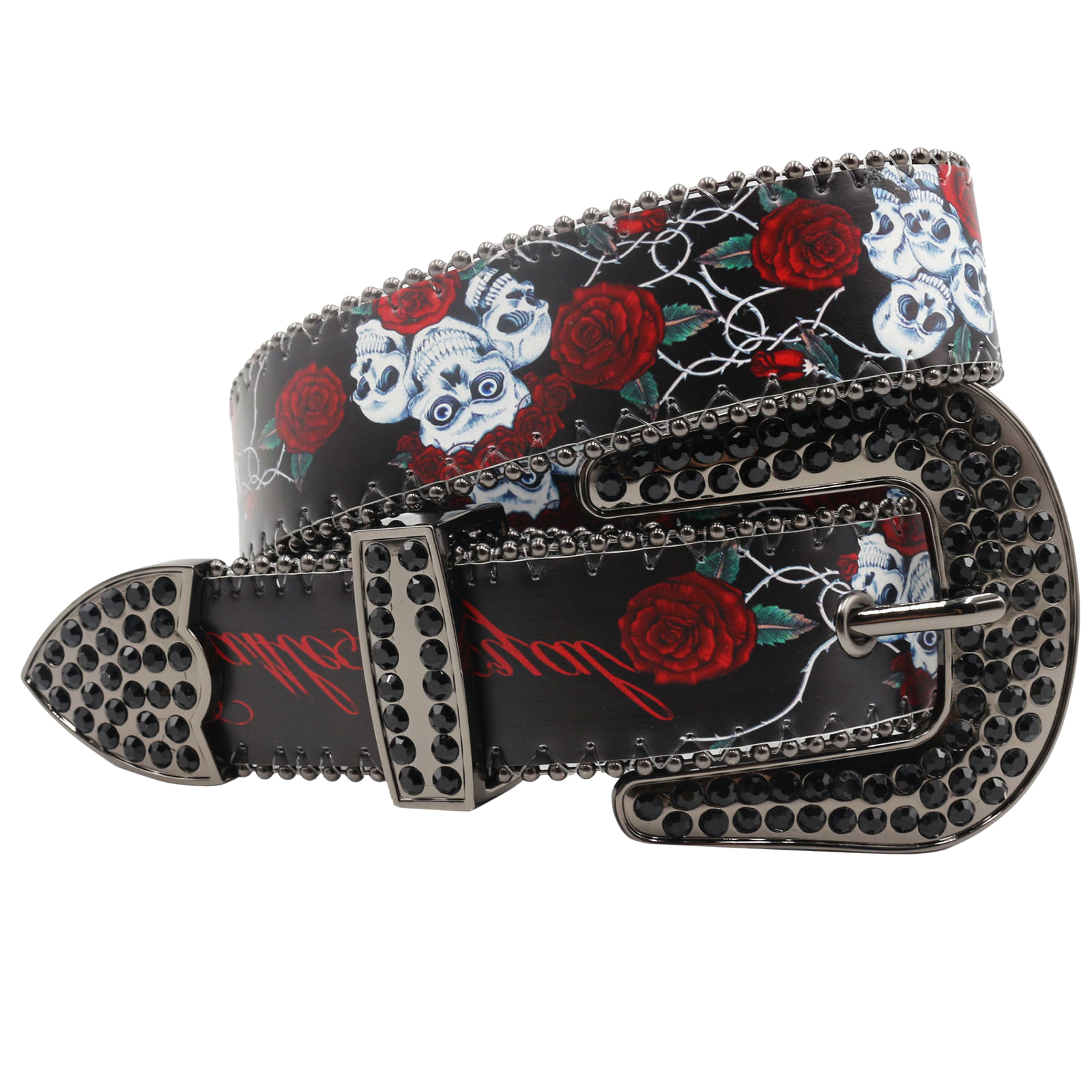 Ceinture Colette pour homme en simili cuir noir ornée d'un motif de têtes de mort et de roses rouges, avec clous et strass noirs. Boucle ardillon argentée. #fullwidth