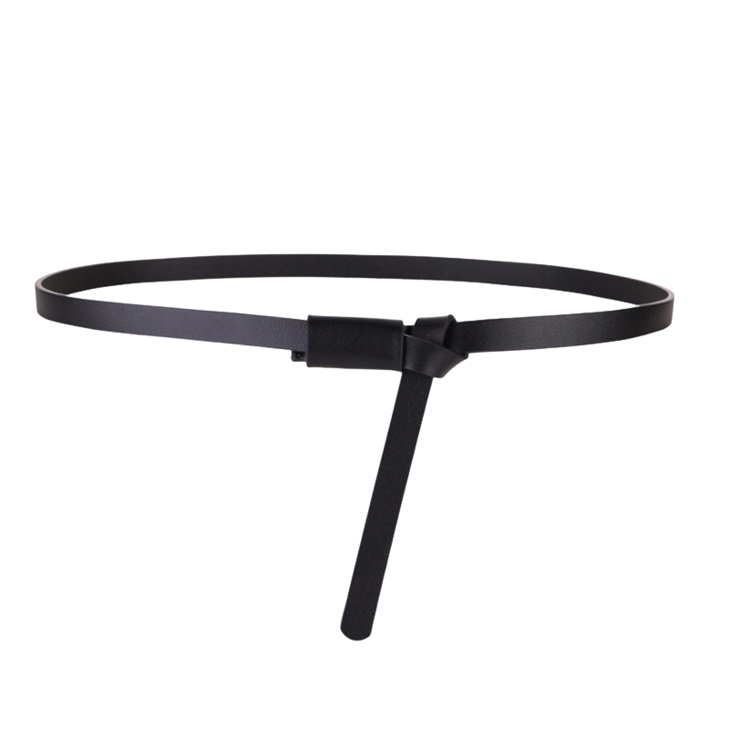 Ceinture fine noire pour femme Colmar en cuir pleine fleur, avec un nœud en cuir assorti ton sur ton. Modèle sans boucle ni trou, ajustable à la taille.
