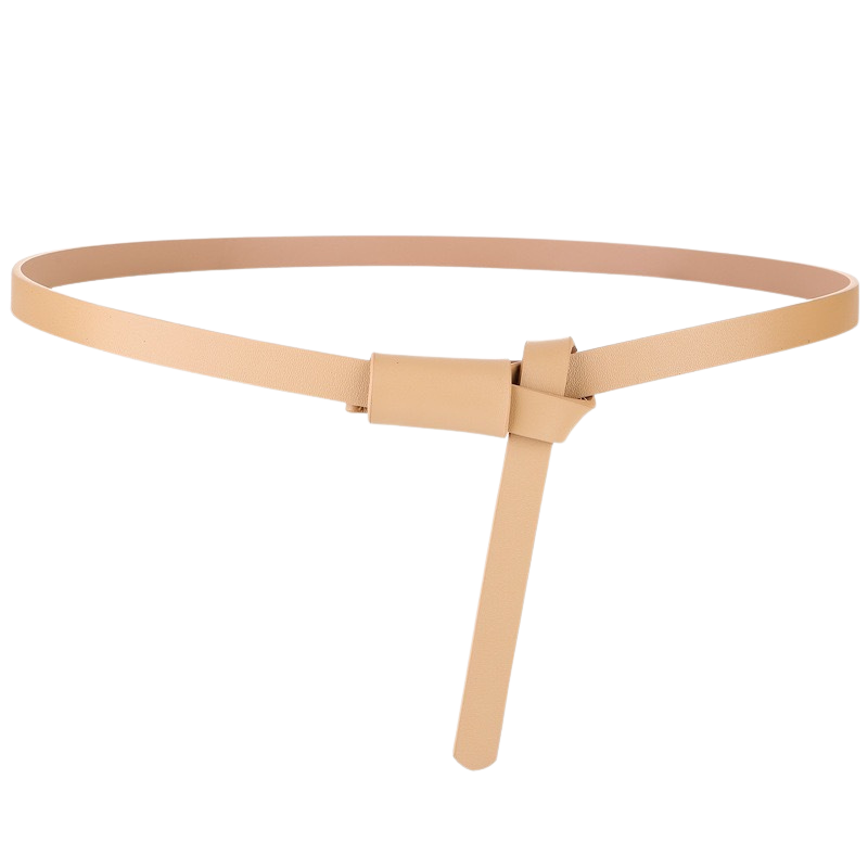 Ceinture fine beige pour femme, modèle Colmar, en cuir pleine fleur avec finition daim lisse et boucle à nouer ton sur ton.