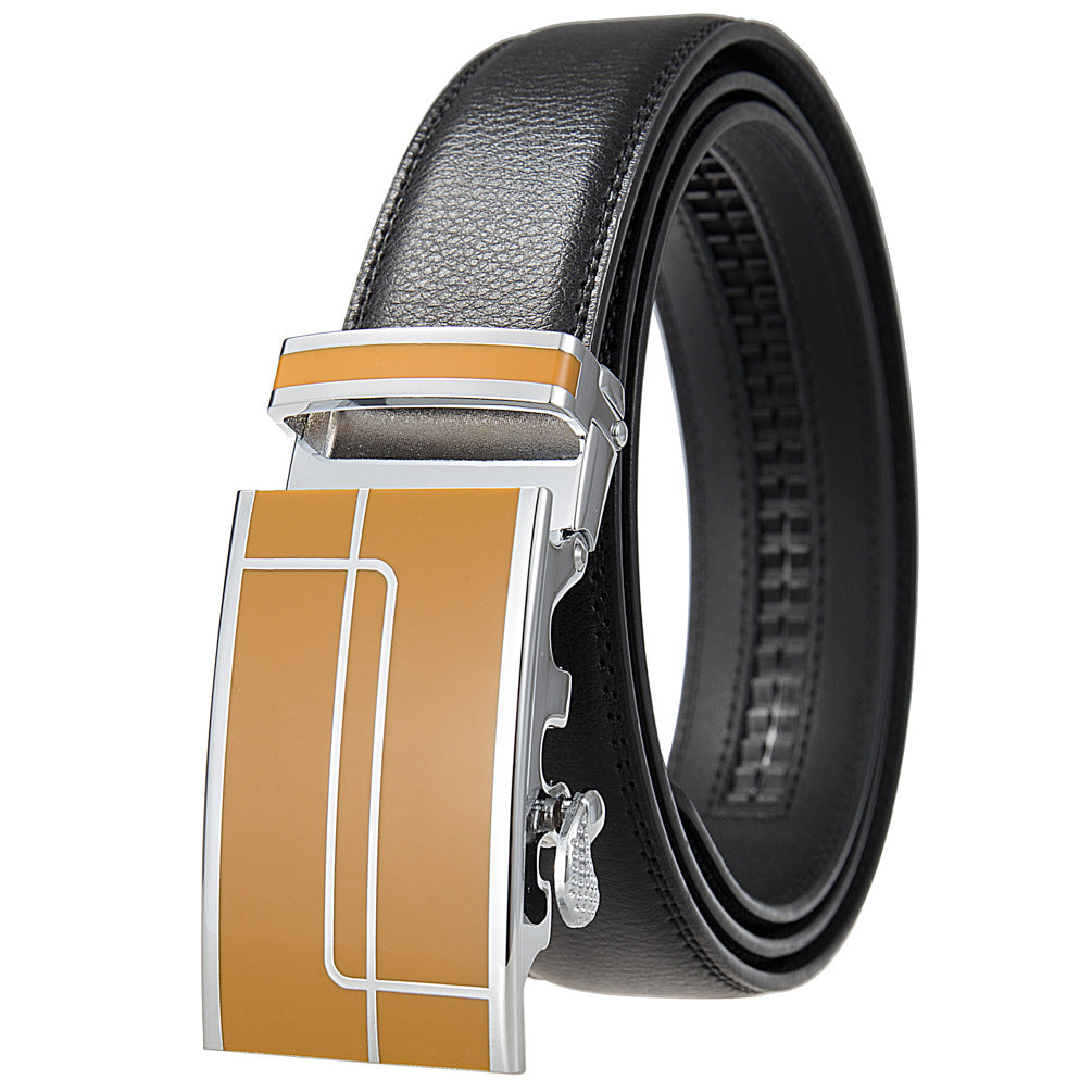 Ceinture homme Concorde 20 noire avec boucle rectangulaire argentée et détails couleur beige, cuir de vachette refendu.