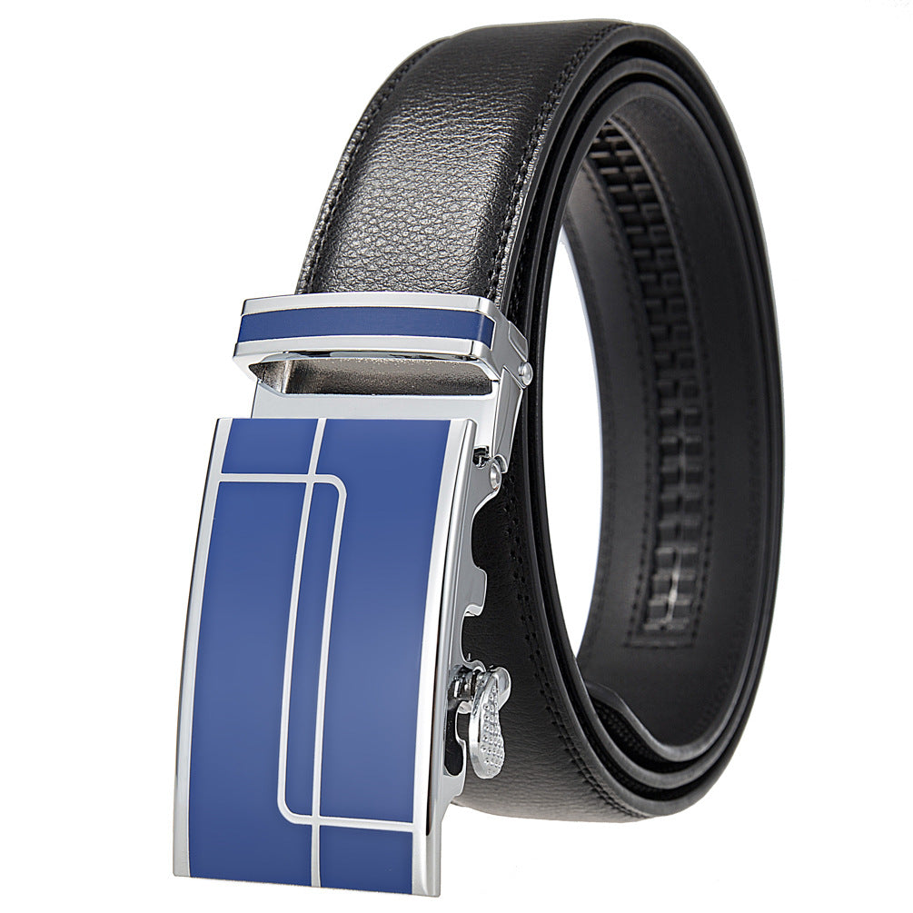 Ceinture homme Concorde 20 noire avec boucle rectangulaire argentée et insert bleu marine orné de lignes blanches.