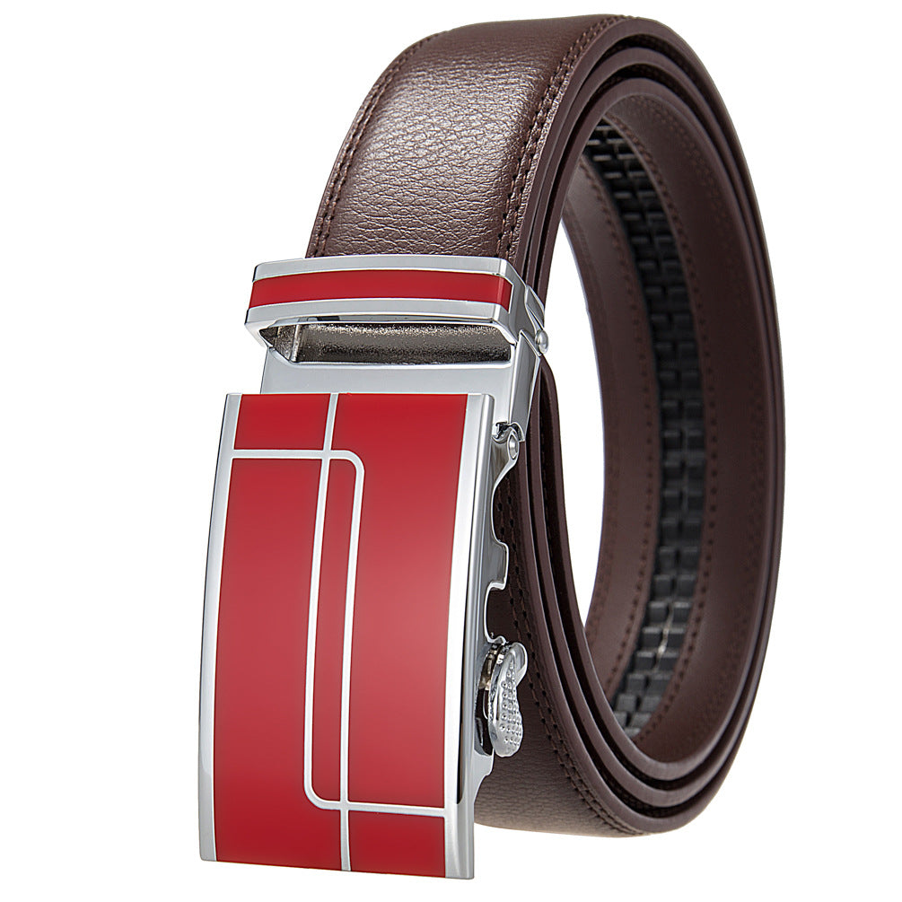Ceinture pour homme Concorde 20 en cuir marron avec boucle automatique argentée et détail rouge ornée d'un motif rouge géométrique