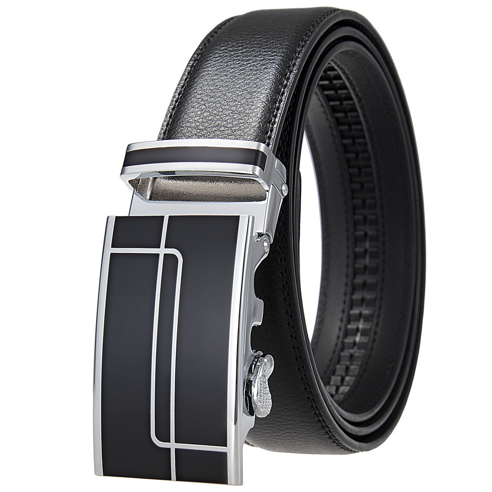 Ceinture homme Concorde 20 en cuir noir avec boucle rectangulaire argentée et noire à motifs linéaires.