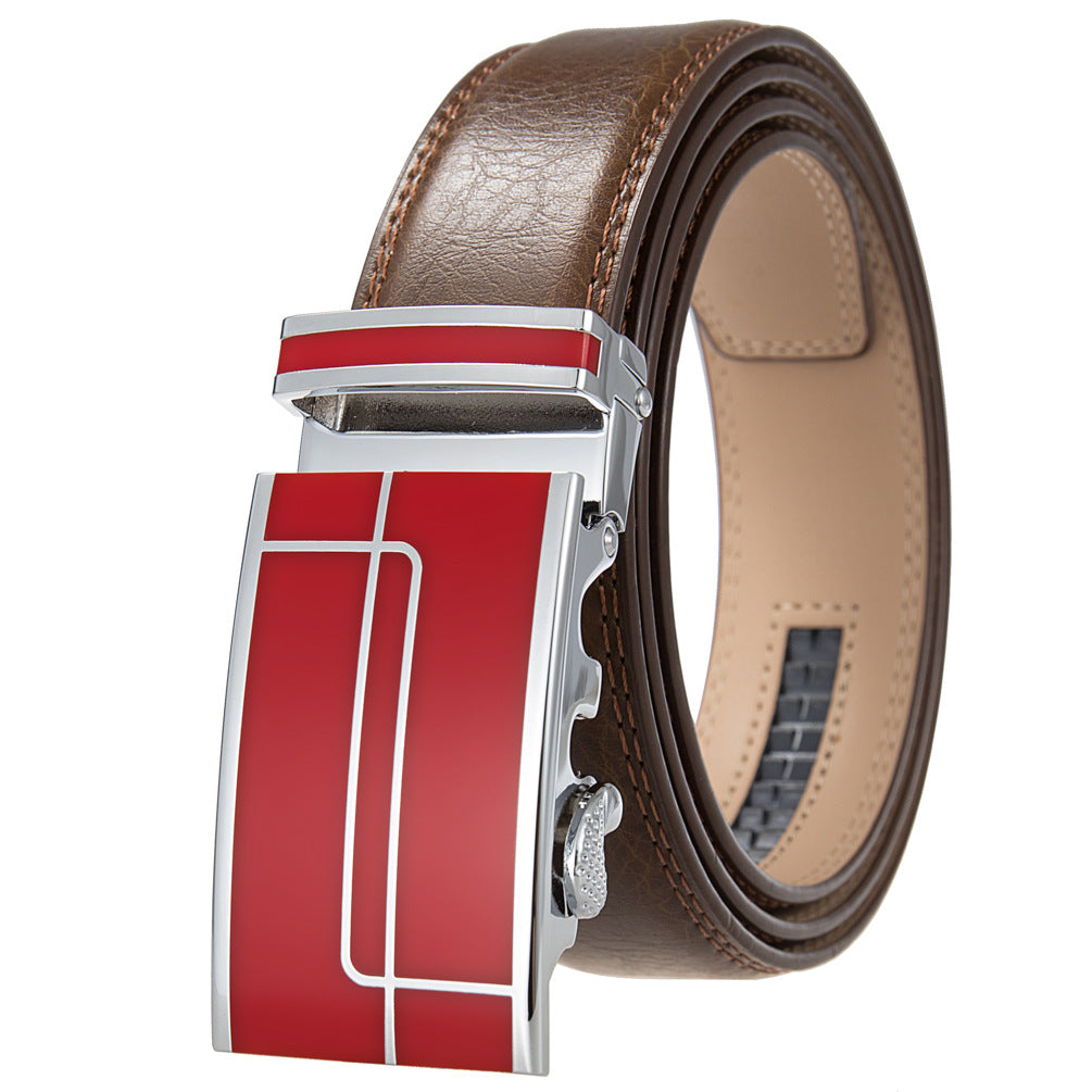 Ceinture homme Concorde 60 en cuir marron avec boucle automatique argentée et rouge ornée de motifs linéaires.