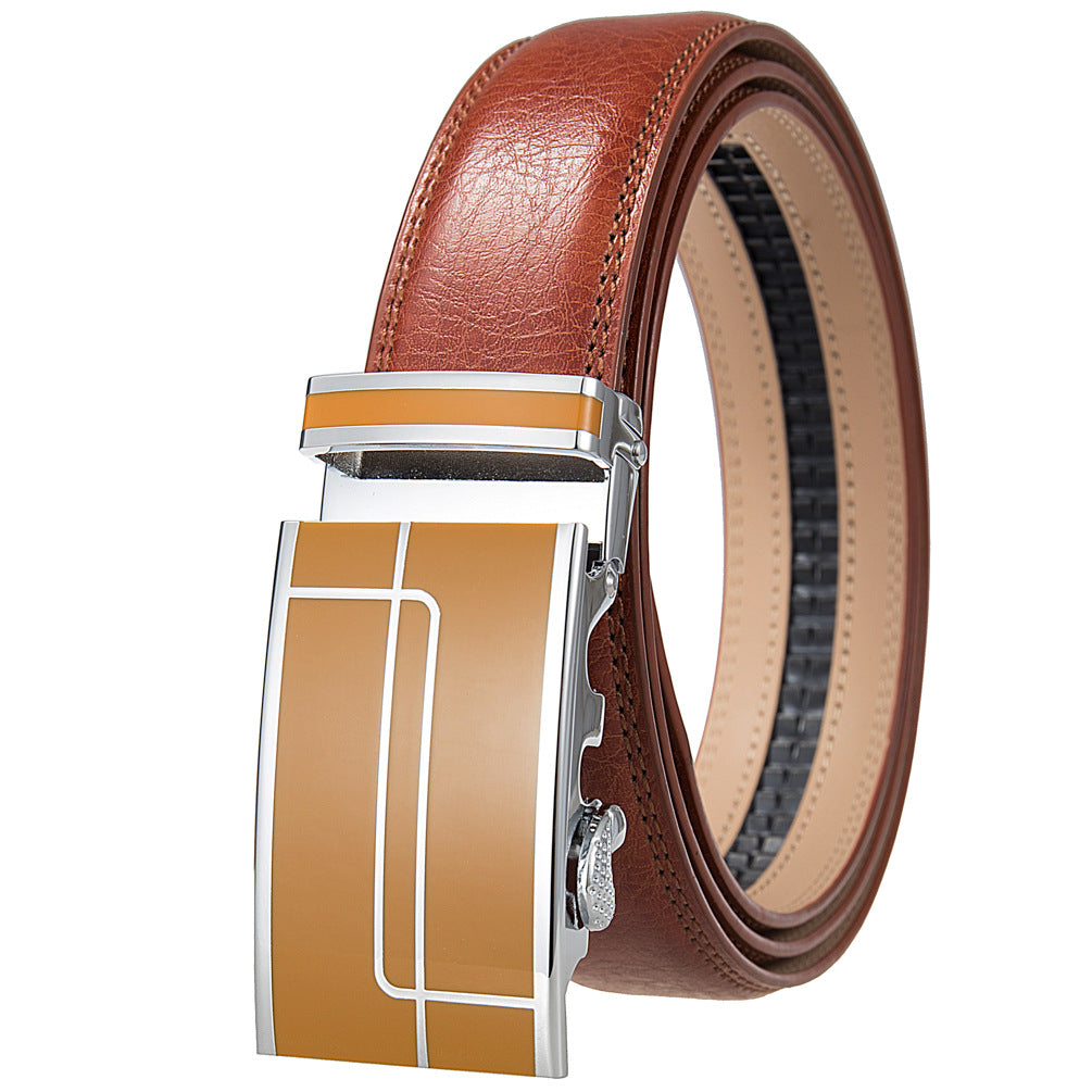 Ceinture homme Concorde 60 en cuir marron clair avec boucle automatique argentée et détails coloris beige.