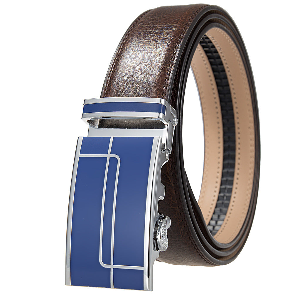 Ceinture homme Concorde 60, cuir marron, boucle automatique argentée avec insert bleu marine et motifs linéaires