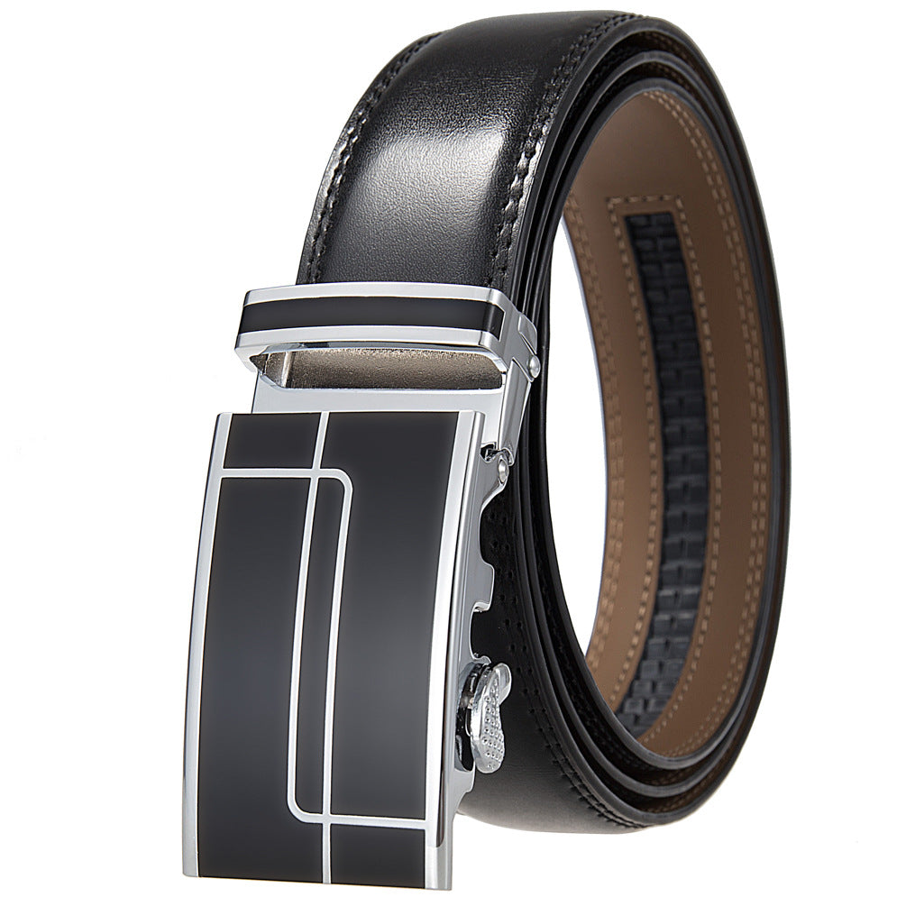 Ceinture homme Concorde 95 en cuir noir avec boucle automatique argentée et motifs linéaires noirs.