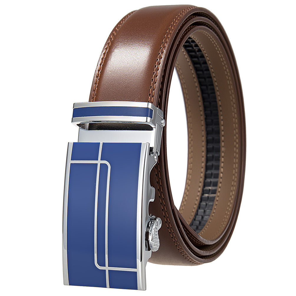 Ceinture homme Concorde 95 en cuir marron avec boucle automatique argentée et insert bleu orné de motifs linéaires.