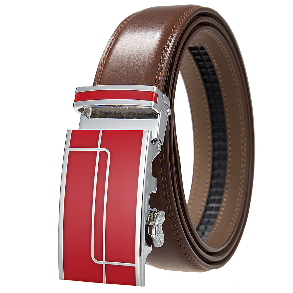Ceinture homme Concorde 95 en cuir marron avec boucle automatique argentée et rouge à motifs linéaires