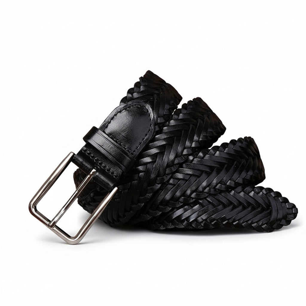 Ceinture Constantin noire en cuir tressé pour homme avec boucle ardillon rectangulaire argentée