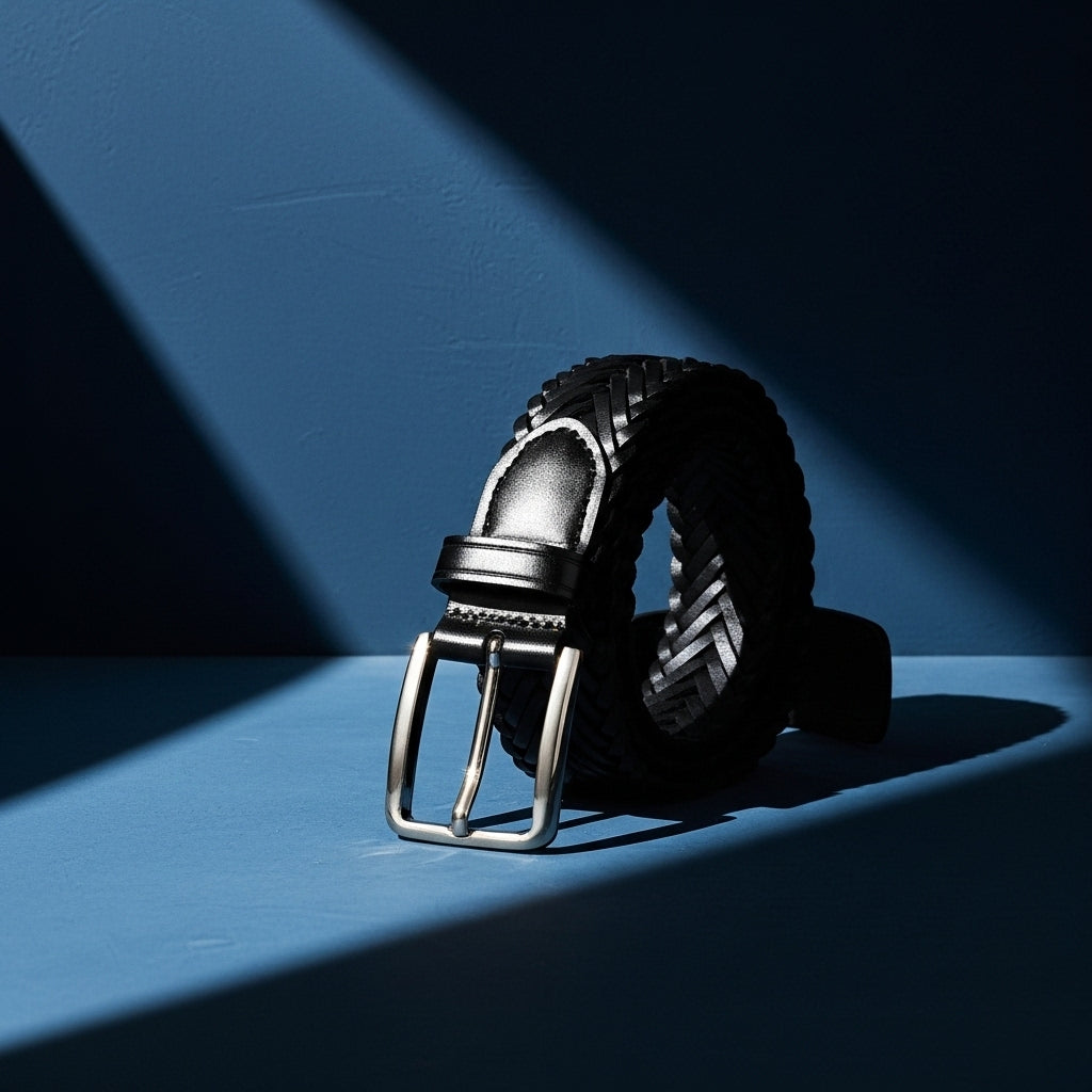 Ceinture Constantin noire en cuir pleine fleur tressé artisanalement, avec boucle ardillon rectangulaire en alliage argenté. #fullwidth