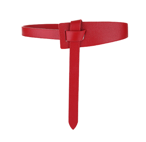 Ceinture Coralie rouge en cuir grainé, sans boucle, avec système de nœud et lanière tombante. Style audacieux et contemporain.