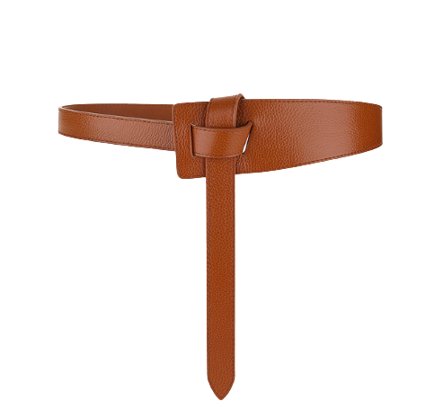 Ceinture femme Coralie en cuir marron grainé, sans boucle, avec un nœud décoratif.