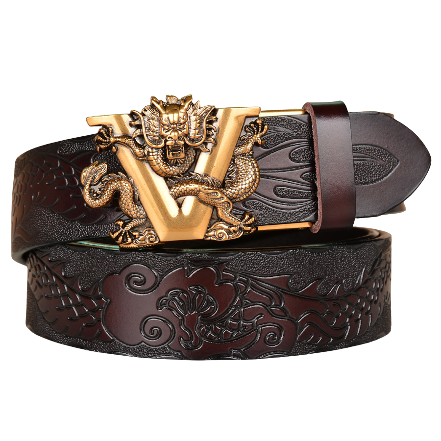 Ceinture homme Corentin en cuir marron avec boucle dorée ornée d'un dragon et motif dragon embossé sur le cuir