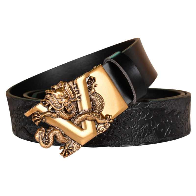 Ceinture noire pour homme, modèle Corentin, en cuir de vachette avec motif dragon embossé et boucle dorée ornée d'un dragon en relief.