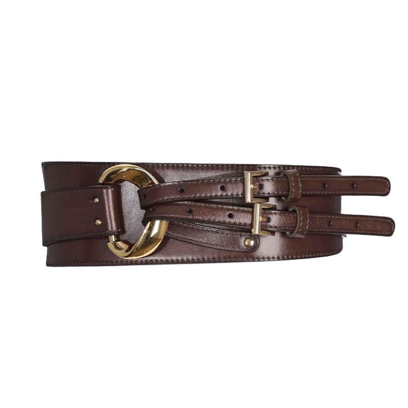 Ceinture corset marron en cuir simili avec boucle dorée et double lanière ajustable.