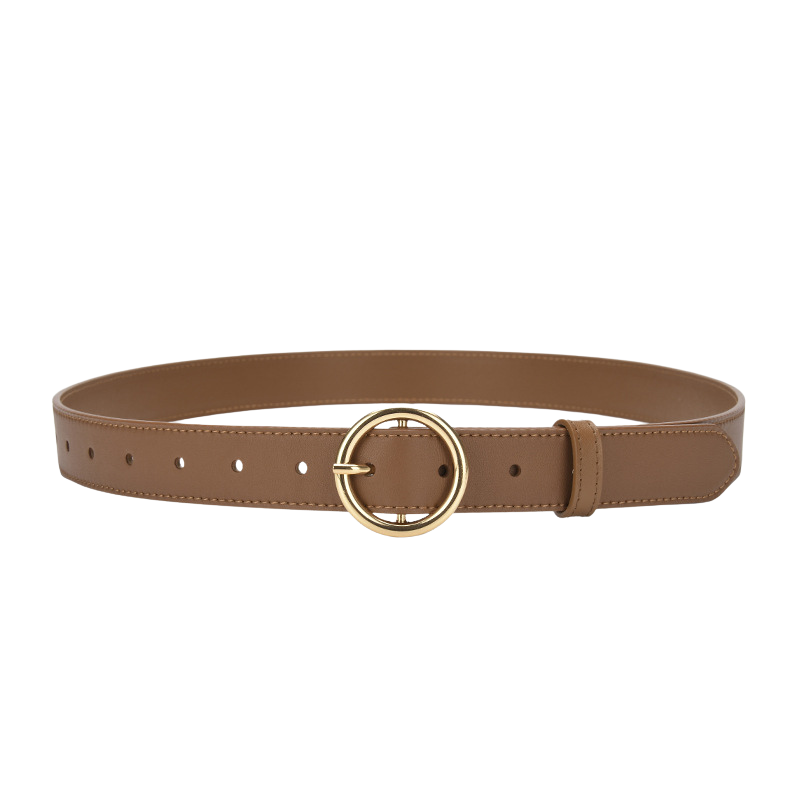 Ceinture femme Cristal marron clair en cuir lisse avec boucle ronde dorée, largeur 2,8 cm.