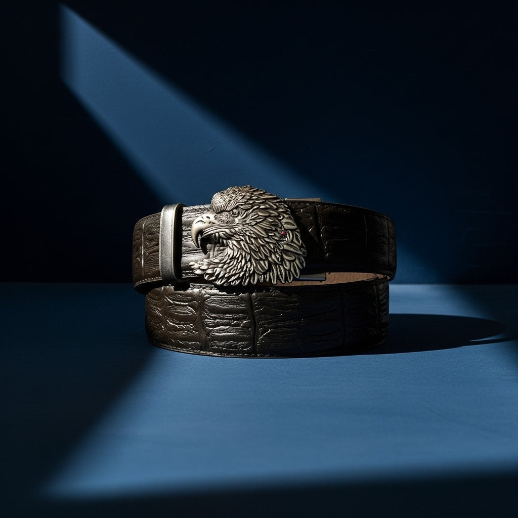 Ceinture pour homme Crocoborn 1 en cuir noir texturé effet crocodile avec boucle tête d'aigle argentée #fullwidth