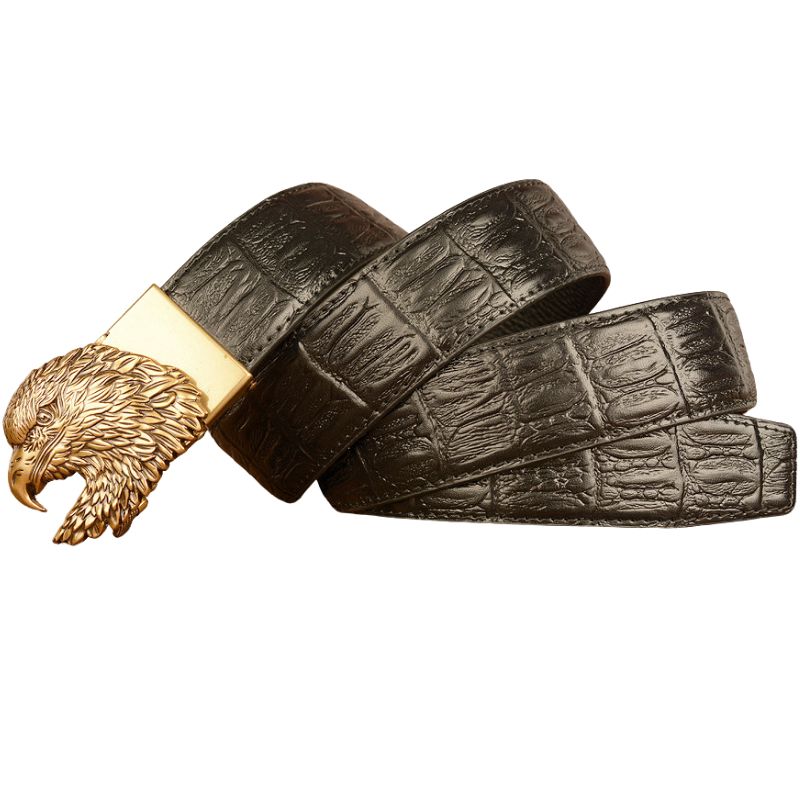 Ceinture pour homme Crocoborn 1 en cuir noir texturé effet crocodile avec boucle tête d'aigle sculptée dorée.