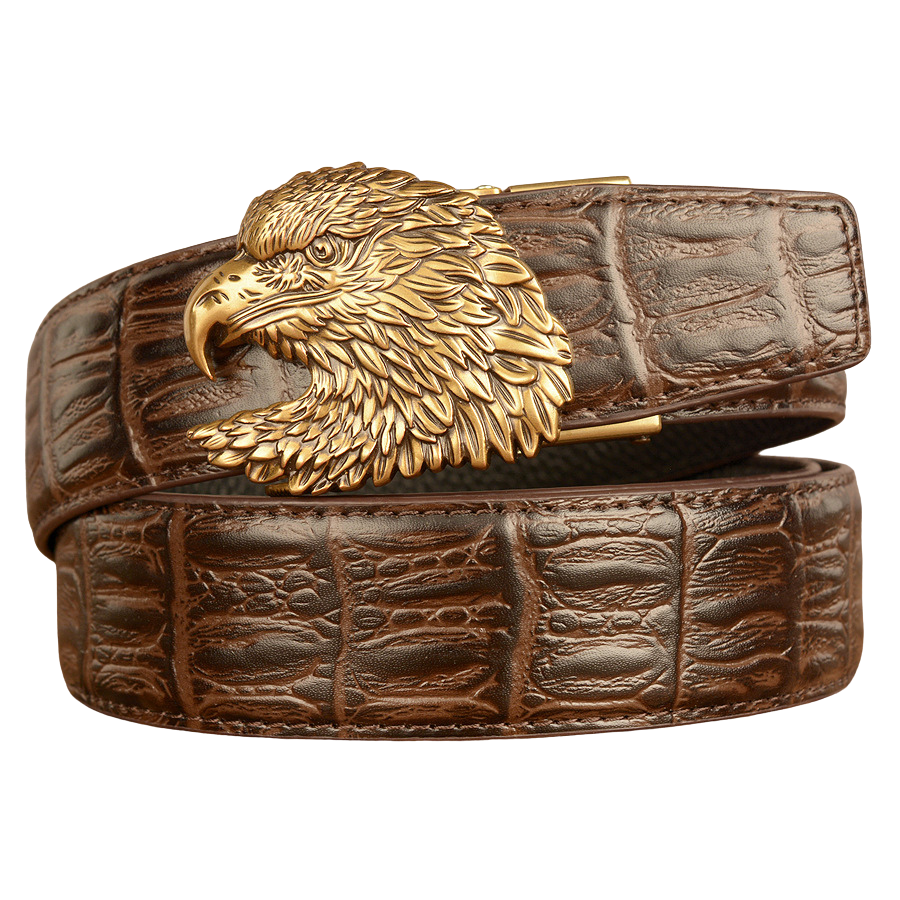 Ceinture pour homme Crocoborn 1 en cuir marron texturé effet crocodile avec boucle tête d'aigle dorée sculptée.