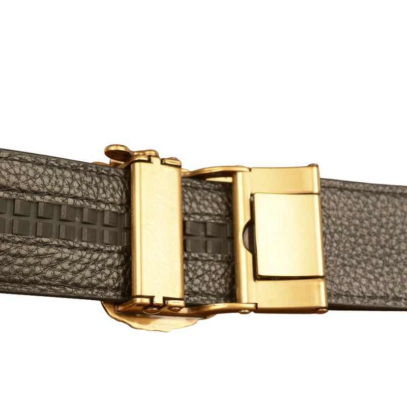 Ceinture pour homme Crocoborn 1 en cuir noir texturé effet crocodile avec boucle automatique dorée sculptée en forme de tête d'aigle.