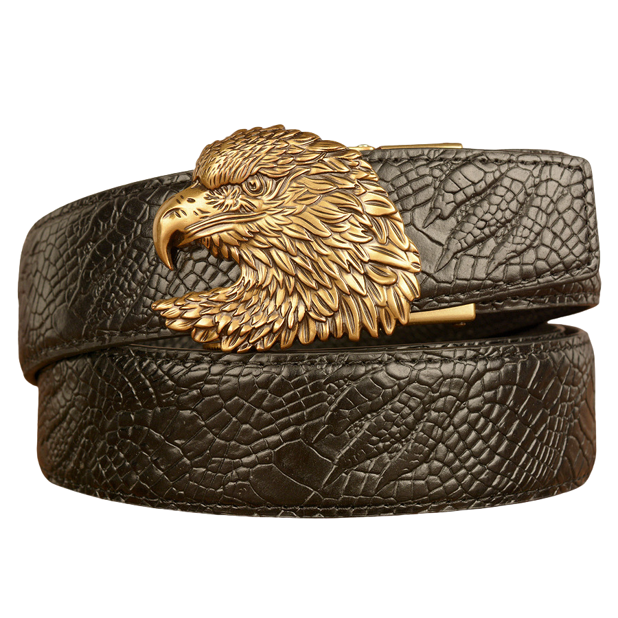 Ceinture pour homme Crocoborn 2 en cuir noir avec une boucle tête d'aigle dorée sculptée et un effet peau de reptile