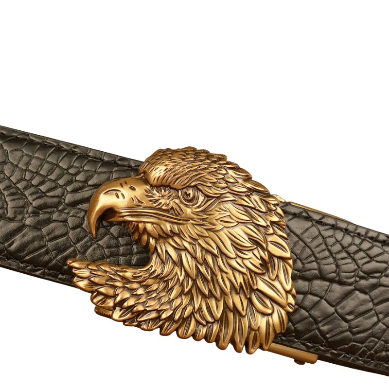 Ceinture homme Crocoborn 2 en cuir noir texturé effet reptile avec boucle automatique dorée en forme de tête d'aigle sculptée