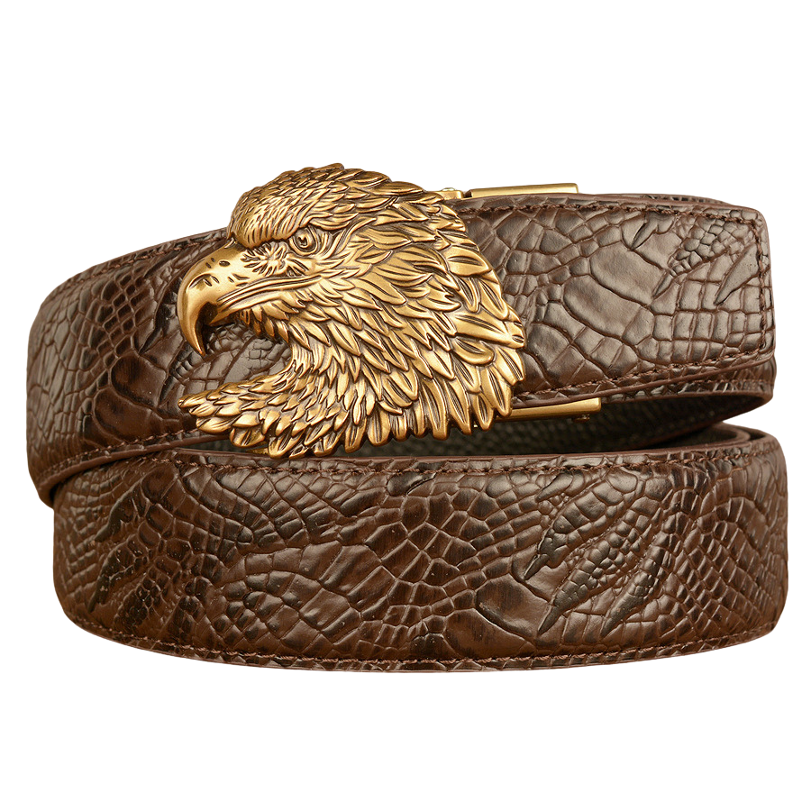 Ceinture pour homme Crocoborn 2 en cuir marron texturé effet reptile avec boucle automatique tête d'aigle dorée sculptée #fullwidth