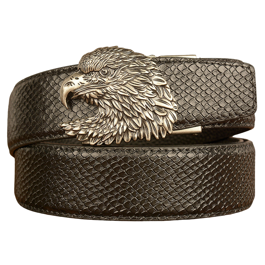 Ceinture pour homme Crocoborn 3 en cuir noir texturé avec boucle tête d'aigle argentée