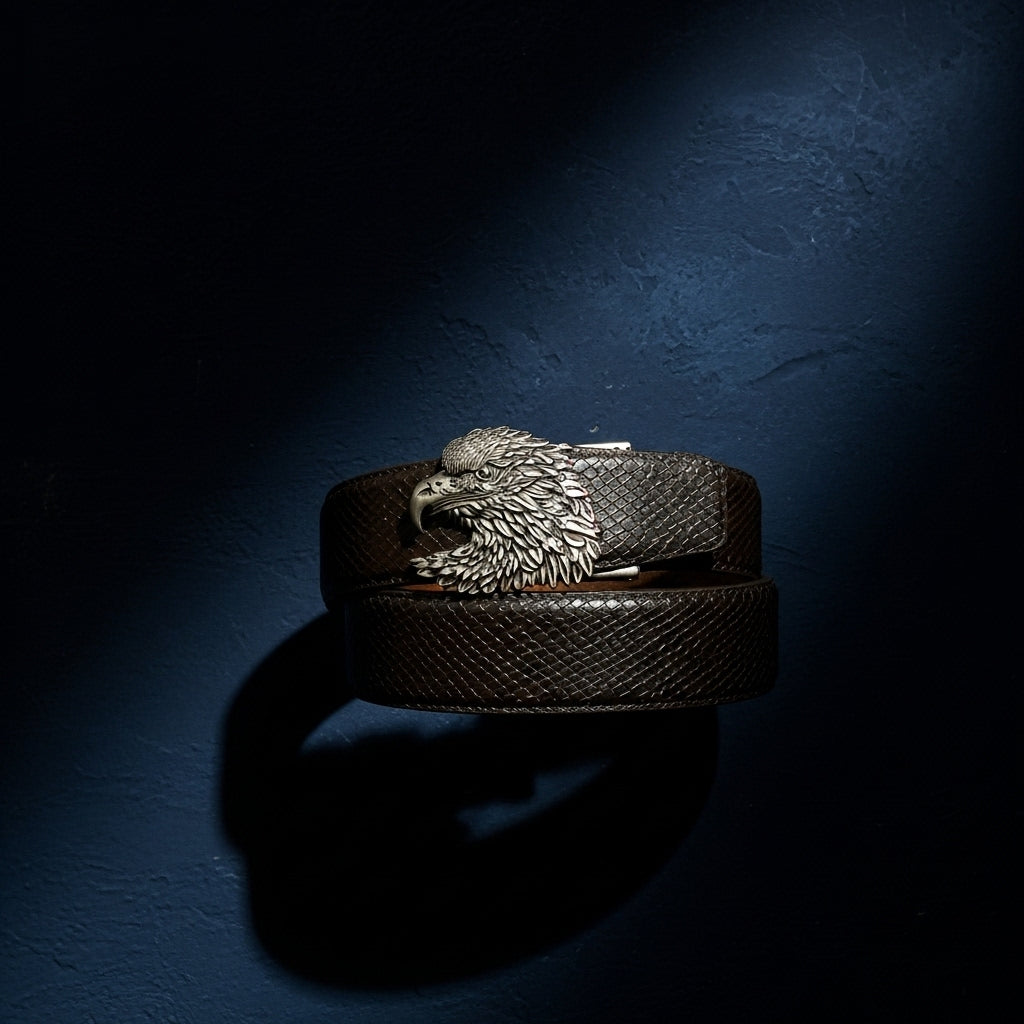 Ceinture homme Crocoborn 3 en cuir marron avec boucle d'aigle argentée sculptée, finition peau de poisson #fullwidth