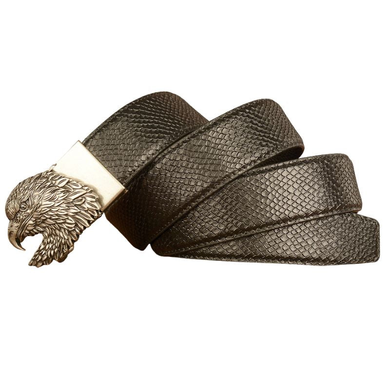 Ceinture pour homme Crocoborn 3 en cuir noir avec boucle automatique tête d'aigle argentée et finition texturée reptile.